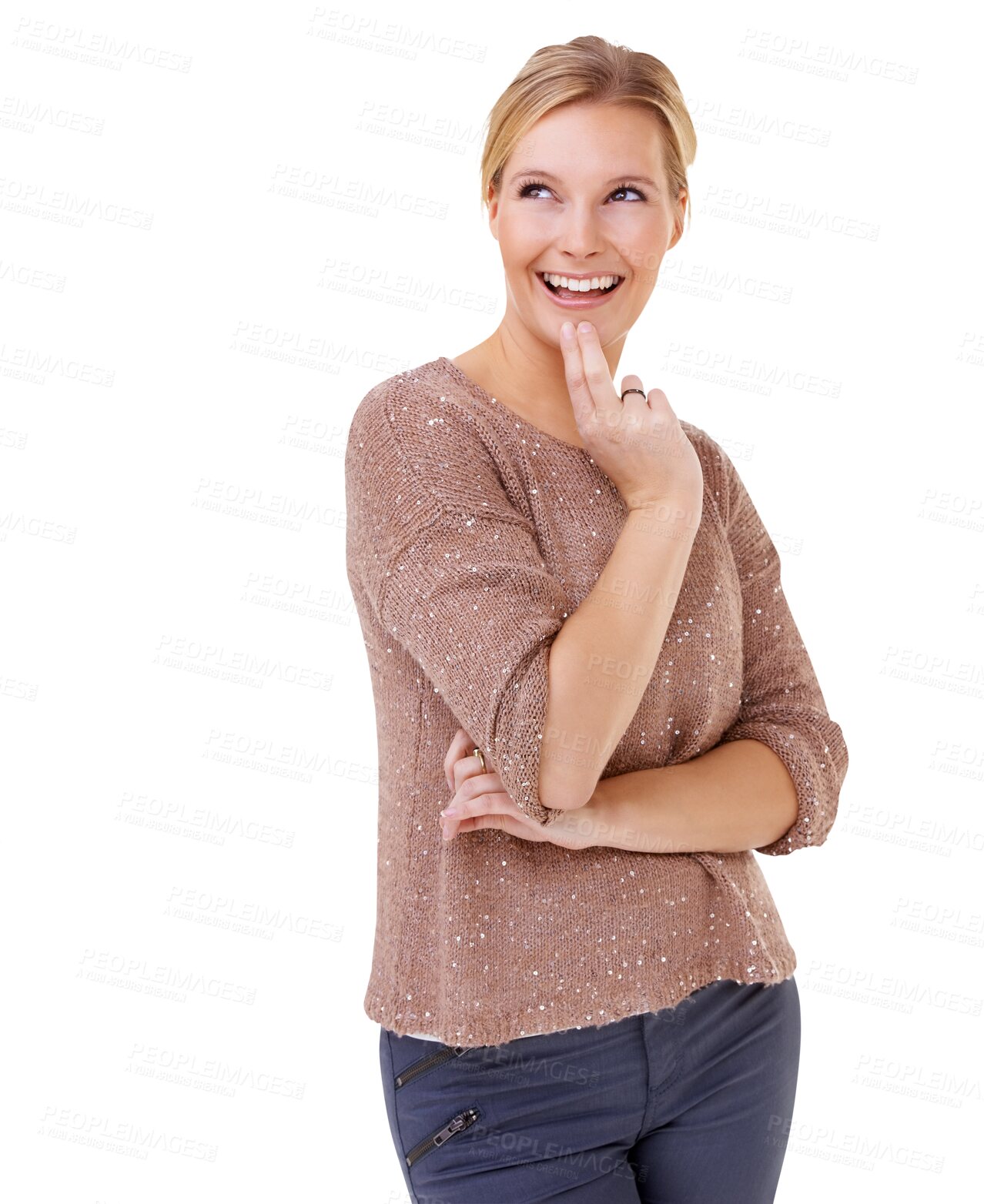 Buy stock photo Isolated woman, thinking and happy with smile, ideas or excited face for future on transparent png background. Model, lady and vision of mindset, memory or decision with question, choice and remember