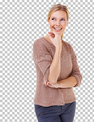 Buy stock photo Happy woman, thinking and idea standing in casual fashion isolated on a transparent PNG background. Female person or young model in think, future or choice for decision, memory or remember ideas