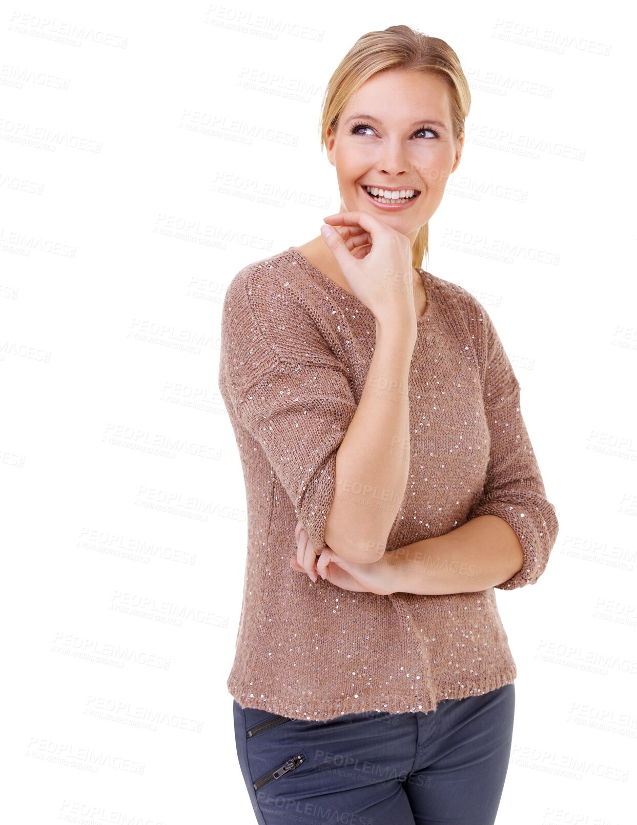 Buy stock photo Happy woman, thinking and idea standing in casual fashion isolated on a transparent PNG background. Female person or young model in think, future or choice for decision, memory or remember ideas