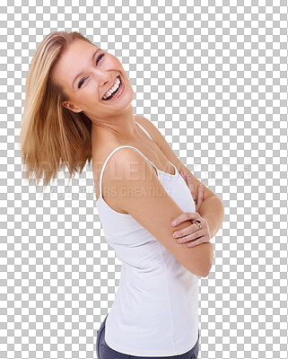 Buy stock photo Laughing, woman and happy portrait with arms crossed, confidence or relax on weekend on isolated, transparent or PNG background. Smile, face and girl with happiness in cool fashion or natural beauty