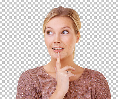 Buy stock photo Woman, face and thinking in doubt, decision or choice standing isolated on a transparent PNG background. Thoughtful female person looking away in think or wonder for idea, opinion or problem solving