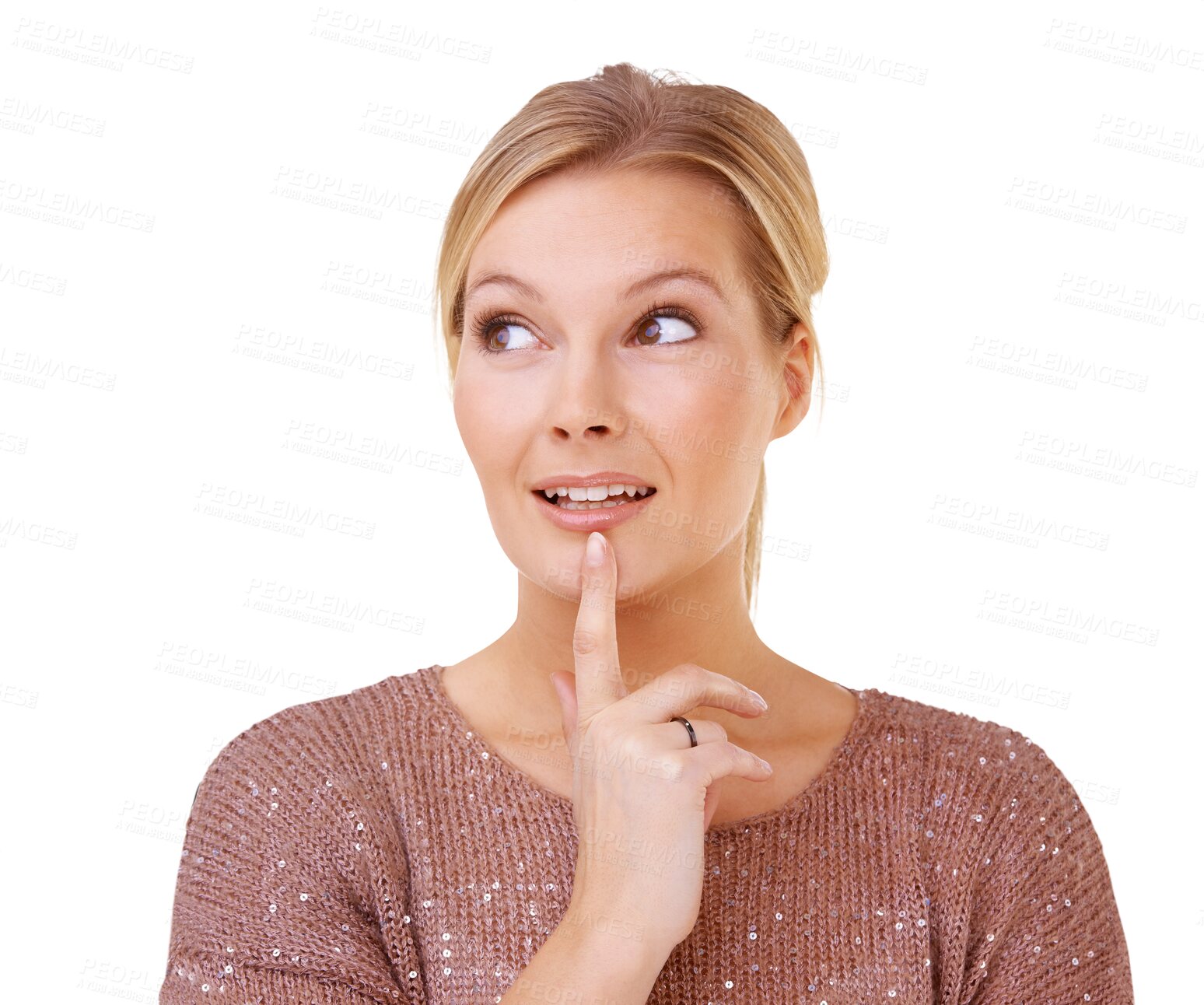 Buy stock photo Woman, face and thinking in doubt, decision or choice standing isolated on a transparent PNG background. Thoughtful female person looking away in think or wonder for idea, opinion or problem solving