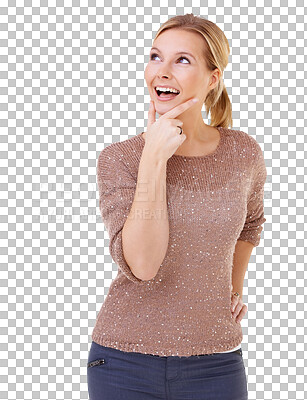 Buy stock photo Happy woman, thinking and idea for solution in casual fashion isolated on a transparent PNG background. Thoughtful female person or young model in think, memory or choice for decision or remember