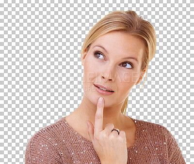 Buy stock photo Woman, face and thinking in doubt for idea, decision or choice standing isolated on a transparent PNG background. Thoughtful female person looking to think or wonder for problem solving or ideas