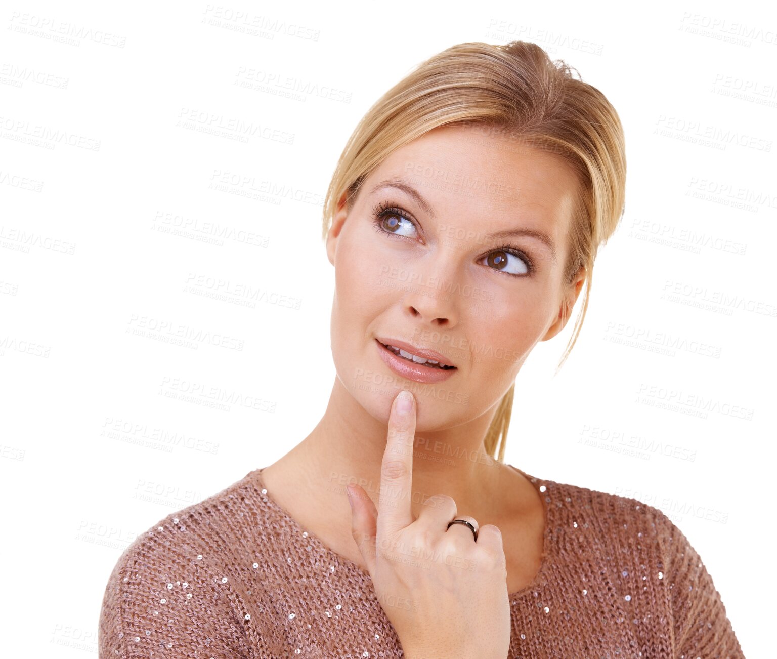 Buy stock photo Woman, face and thinking in doubt for idea, decision or choice standing isolated on a transparent PNG background. Thoughtful female person looking to think or wonder for problem solving or ideas