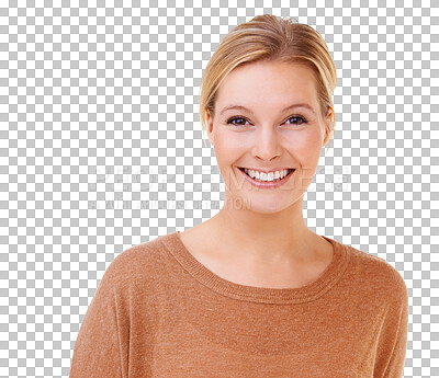 Buy stock photo Smile, portrait of a happy woman and isolated against a transparent png background.  Elegance or positive, satisfied in Sweden and cheerful or excited young female person smiling or natural.