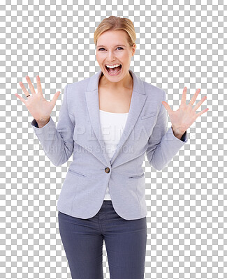 Buy stock photo Happy woman, portrait and hands in surprise for celebration isolated on a transparent PNG background. Excited female person or winner with smile or surprised for winning, victory or bonus promotion