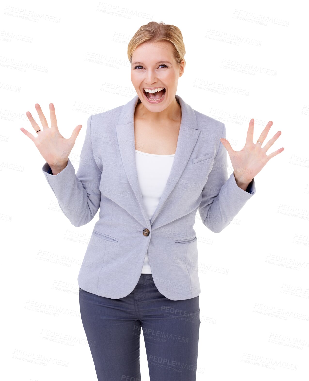 Buy stock photo Happy woman, portrait and hands in surprise for celebration isolated on a transparent PNG background. Excited female person or winner with smile or surprised for winning, victory or bonus promotion