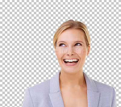 Buy stock photo Business woman is thinking, happy and professional mindset isolated on transparent png background. Vision, success and career mission with female person in corporate with positivity and laughter