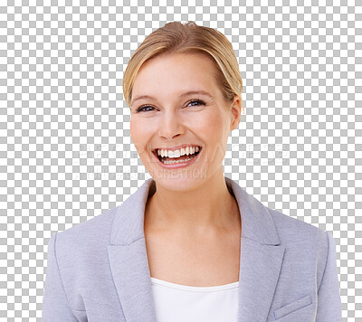 Buy stock photo Business, woman and portrait of laughing worker in corporate, professional work clothes on isolated, transparent or PNG background. Businesswoman, happy and face of female model in consulting career