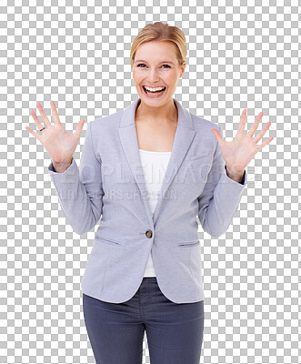 Buy stock photo Happy woman, portrait smile and hands in surprise or celebration isolated on a transparent PNG background. Excited female person or winner smiling in surprised facial expression standing for success