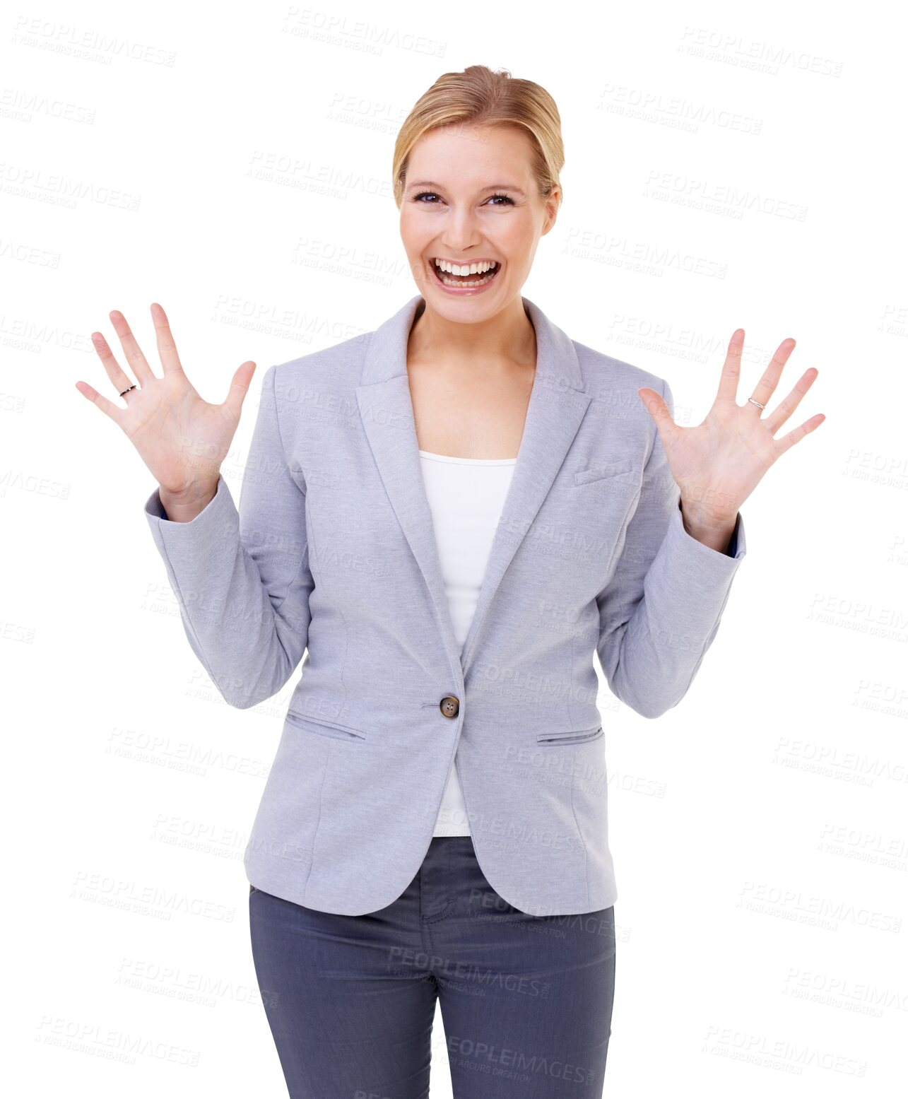 Buy stock photo Happy woman, portrait smile and hands in surprise or celebration isolated on a transparent PNG background. Excited female person or winner smiling in surprised facial expression standing for success