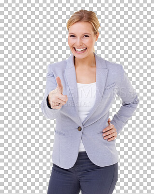 Buy stock photo Thumbs up, portrait and business woman for success, like and okay of support, thank you and sign of yes. Happy corporate person, winner and hands for good job isolated on transparent png background