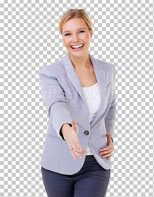 Buy stock photo Handshake, portrait and corporate woman offer, introduction or welcome isolated on transparent, png background. Happy business person shaking hands in pov meeting, success and congratulations or deal