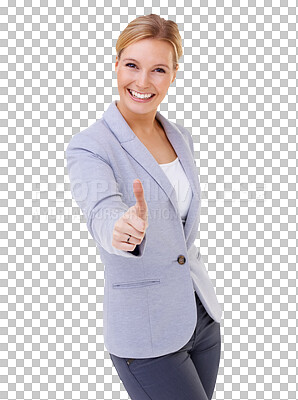 Buy stock photo Thumbs up, corporate woman and portrait for okay, like and winning for support, thank you or yes sign. Happy business person, winner or success for good job isolated on a transparent png background