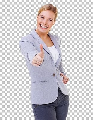 Buy stock photo Happy, thumbs up and portrait of businesswoman with approval, achievement or celebration. Confidence, smile or professional female lawyer with agreement gesture isolated on transparent png background