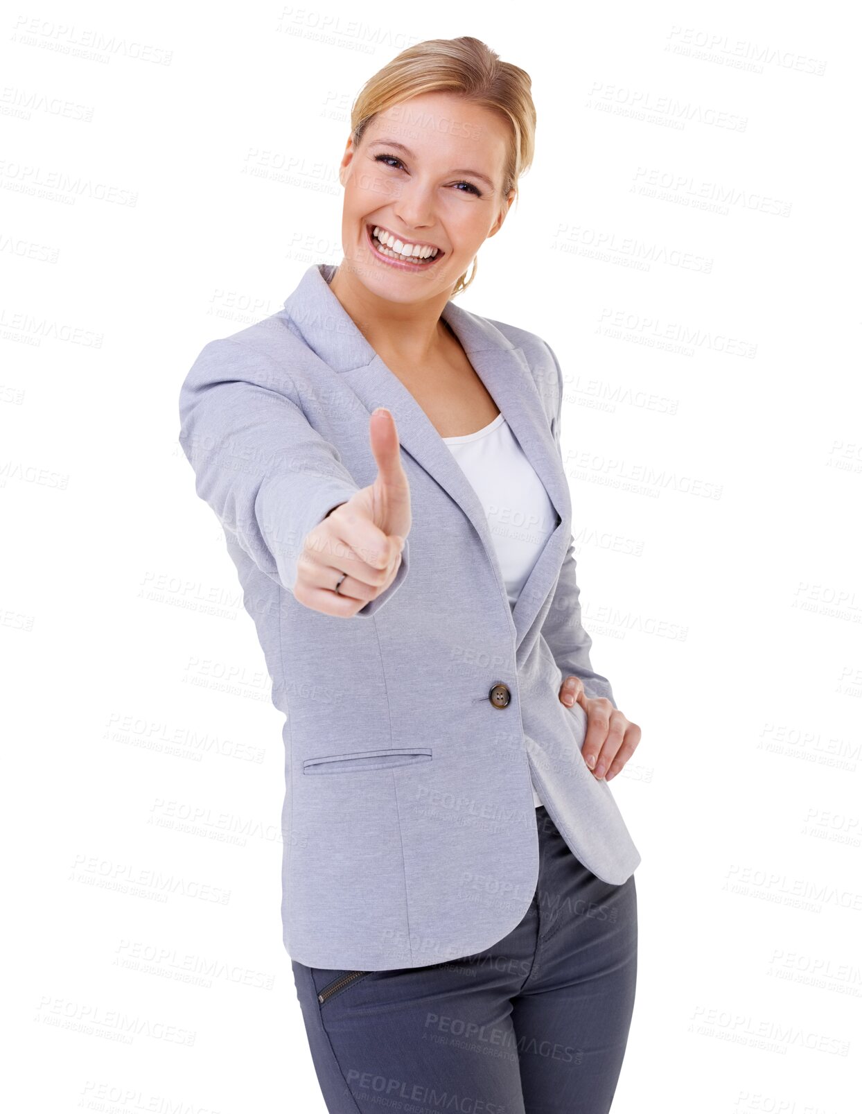 Buy stock photo Happy, thumbs up and portrait of businesswoman with approval, achievement or celebration. Confidence, smile or professional female lawyer with agreement gesture isolated on transparent png background