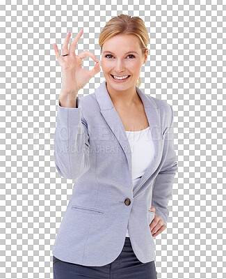 Buy stock photo Thank you, portrait of a businesswoman with okay hand emoji and isolated against a transparent png background. Success or motivation, achievement or winner and female person with good news gesture