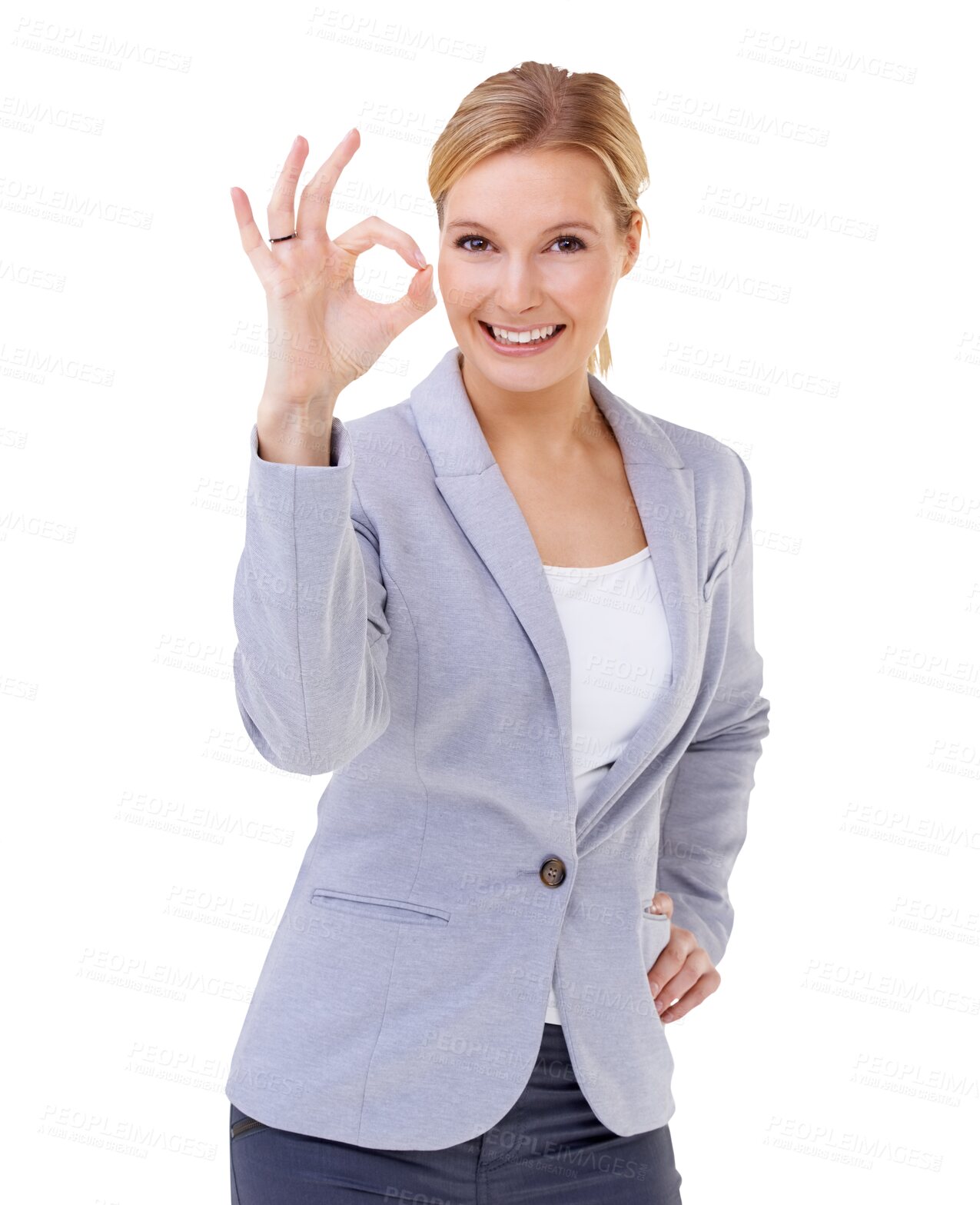 Buy stock photo Thank you, portrait of a businesswoman with okay hand emoji and isolated against a transparent png background. Success or motivation, achievement or winner and female person with good news gesture