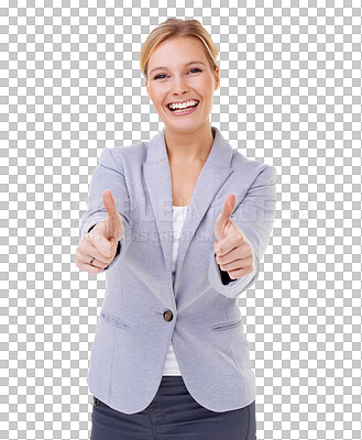 Buy stock photo Thumbs up, business woman and portrait for like, winning and okay or support, thank you and yes sign. Corporate person or winner with success hands or good job isolated on transparent, png background