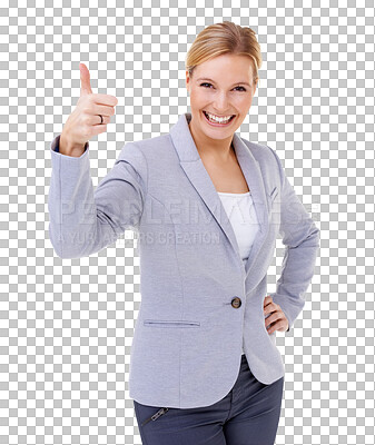 Buy stock photo Excited, thumbs up and portrait of businesswoman with agreement, achievement or celebration. Confidence, smile and professional female lawyer with approval gesture isolated transparent png background