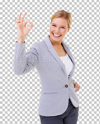 Buy stock photo Okay sign, portrait and business woman for success, certified or agency excellence isolated on transparent, png background. Happy corporate person or agent with yes emoji in consultant service or job