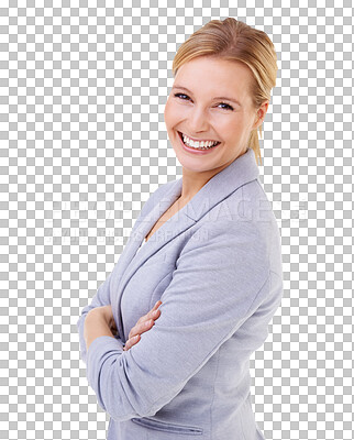 Buy stock photo Business, happy woman and portrait with arms crossed or confidence, empowerment and pride on isolated, transparent or PNG background. Professional businesswoman, smile and success in corporate career