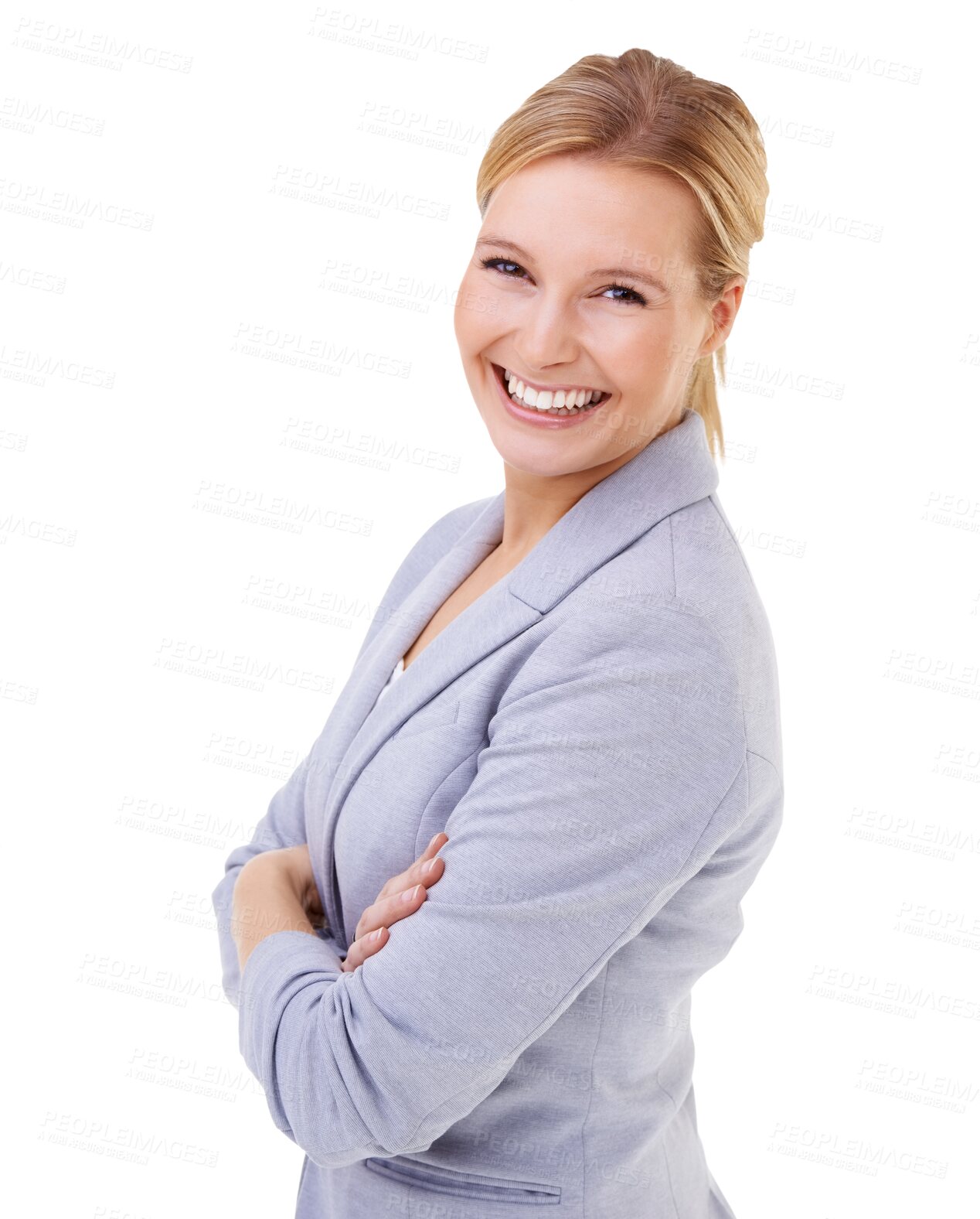 Buy stock photo Business, happy woman and portrait with arms crossed or confidence, empowerment and pride on isolated, transparent or PNG background. Professional businesswoman, smile and success in corporate career