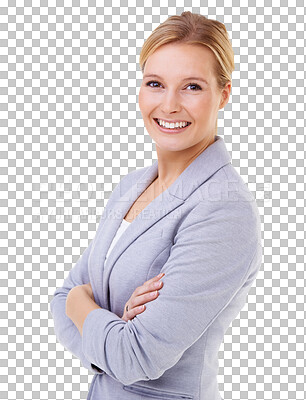 Buy stock photo Business, happy portrait and woman with arms crossed or confidence, empowerment and pride on isolated, transparent or PNG background. Professional, businesswoman and success in corporate career