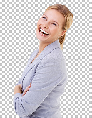 Buy stock photo Portrait, funny and business woman with arms crossed isolated on a transparent png background. Confidence, entrepreneur and happy female professional, attorney or person from Switzerland laughing.