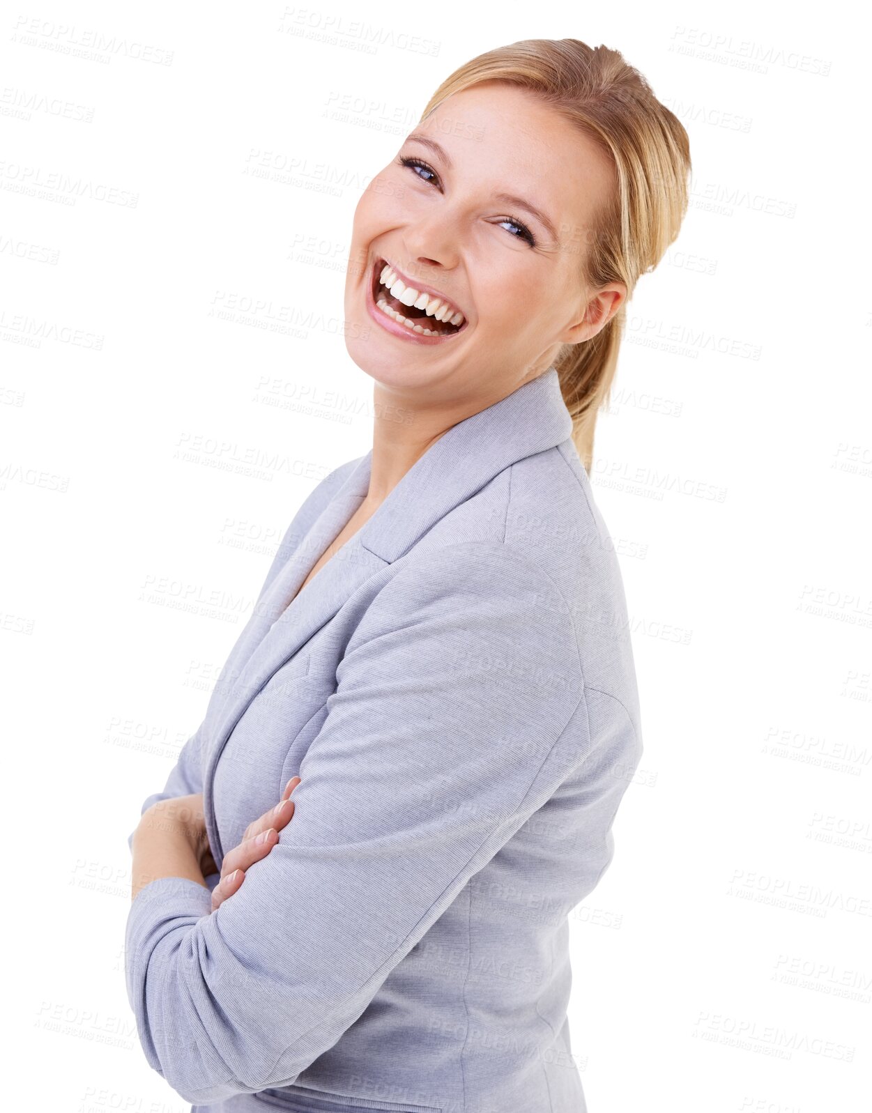 Buy stock photo Portrait, funny and business woman with arms crossed isolated on a transparent png background. Confidence, entrepreneur and happy female professional, attorney or person from Switzerland laughing.