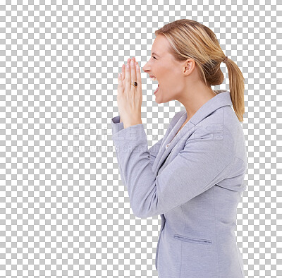 Buy stock photo Voice, news and business woman hands for announcement, broadcast and promotion, sale or opportunity. Scream, speech and professional person for info or discount isolated on transparent png background