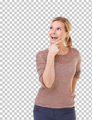 Buy stock photo Happy woman, thinking and question for solution or remember isolated on a transparent PNG background. Curious female person with smile in future memory, think or choice for decision, ideas and dream