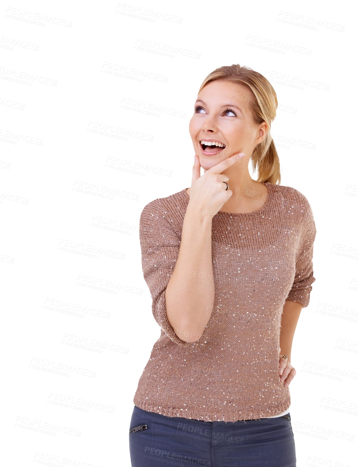 Buy stock photo Happy woman, thinking and question for solution or remember isolated on a transparent PNG background. Curious female person with smile in future memory, think or choice for decision, ideas and dream