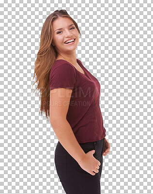 Buy stock photo Teenager, portrait and girl with natural beauty, confidence or makeup on face on isolated, transparent or PNG background. Relax, happy and woman with smile for fashion, style or casual weekend