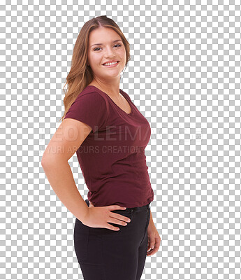 Buy stock photo Happiness, woman and confident with style in portrait in png for isolated or transparent background with hipster. Fashion, face and smile with plus size in trendy clothes with natural beauty.