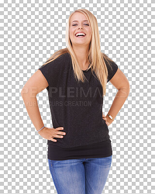 Buy stock photo Happy woman, portrait and laughing for funny joke or meme isolated on a transparent PNG background. Female person or plus size model smile, laugh and hands on hip for fun comedy in casual fashion