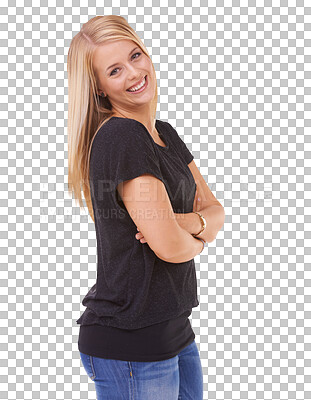 Buy stock photo Happy woman, portrait smile and arms crossed in casual fashion isolated on a transparent PNG background. Female person or model standing and smiling in confidence or happiness for clothing style