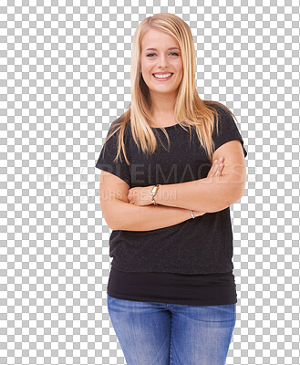 Buy stock photo Happy woman, portrait smile and arms crossed standing with fashion isolated on a transparent PNG background. Female person or young model smiling in confidence or happiness for casual clothing style