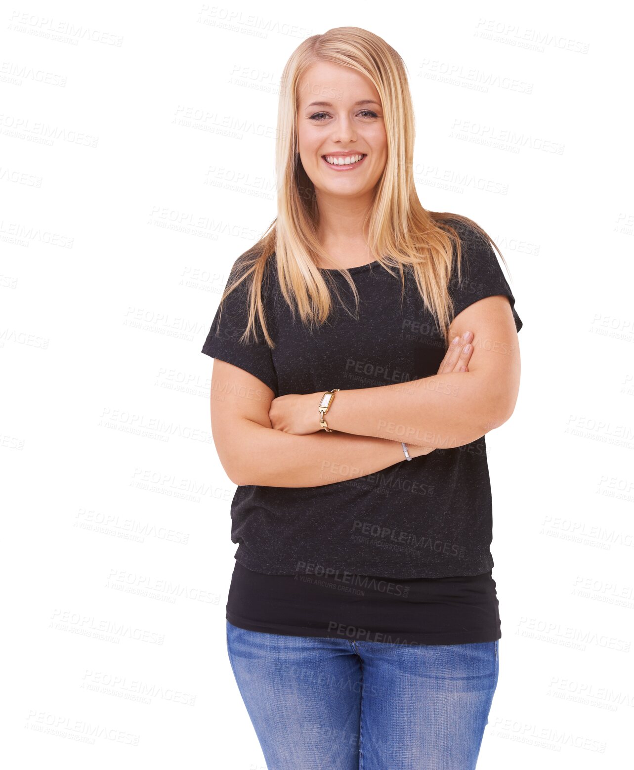 Buy stock photo Happy woman, portrait smile and arms crossed standing with fashion isolated on a transparent PNG background. Female person or young model smiling in confidence or happiness for casual clothing style