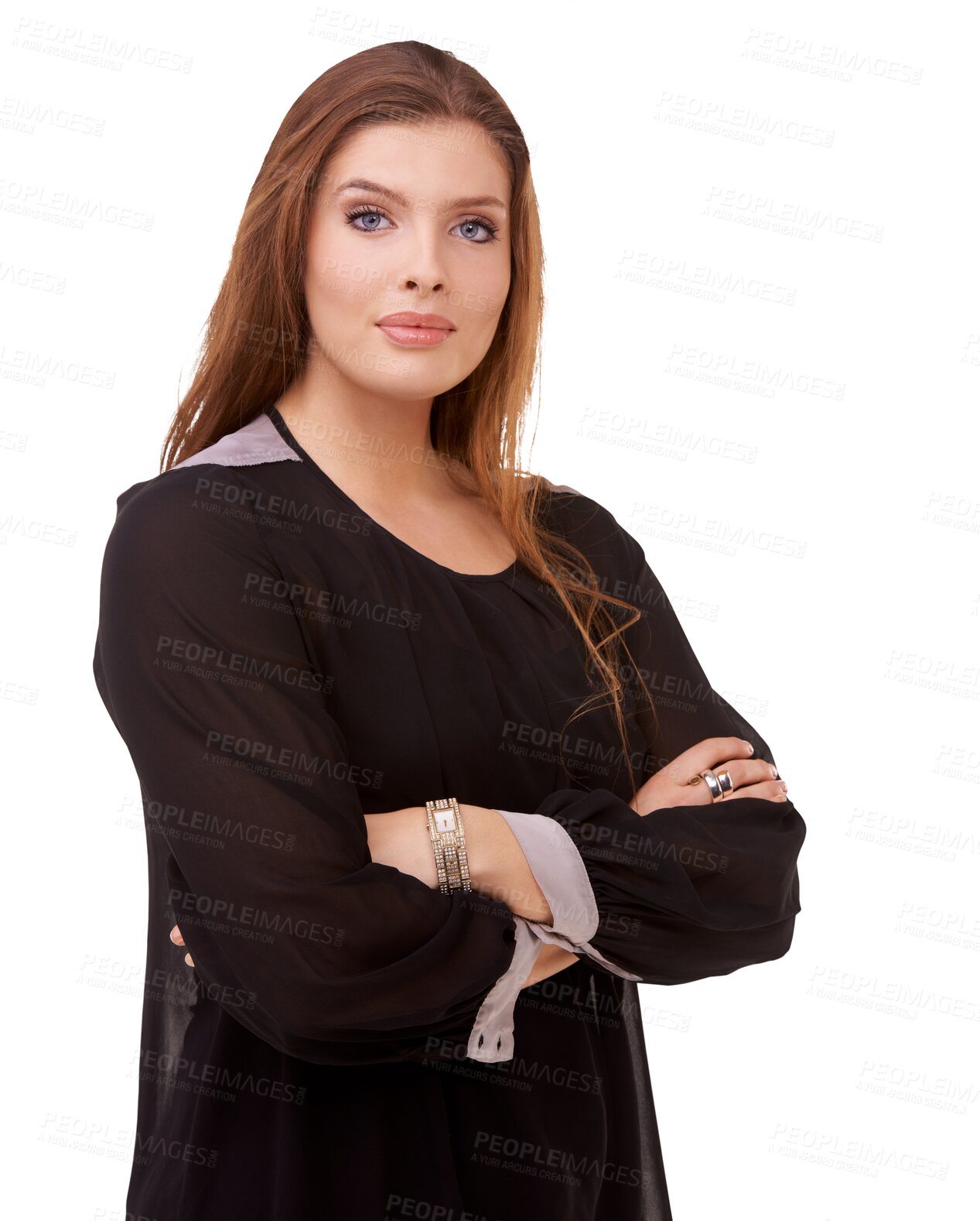 Buy stock photo Portrait, serious and business woman with arms crossed in professional or career fashion. Beautiful person or confident model from Europe in designer clothes isolated on transparent, png background