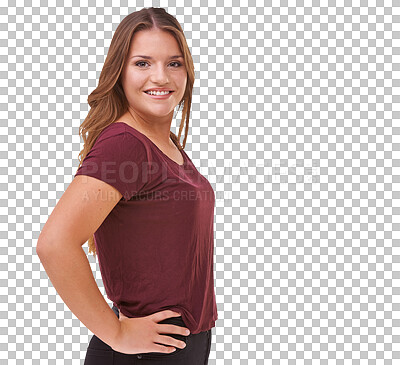 Buy stock photo Teenager, smile and portrait with girl and plus size  png or isolated and transparent background. Fashion, student and natural with confidence or trendy clothes with happiness or style or cool.