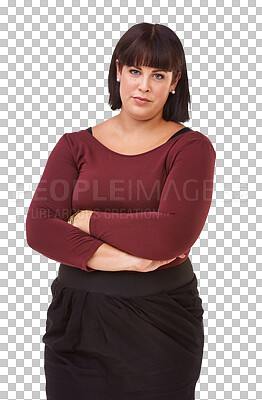 Buy stock photo Plus size, confidence and portrait of woman with arms crossed with serious expression on isolated, transparent or PNG background. Girl, face and person with natural beauty, pride and casual fashion