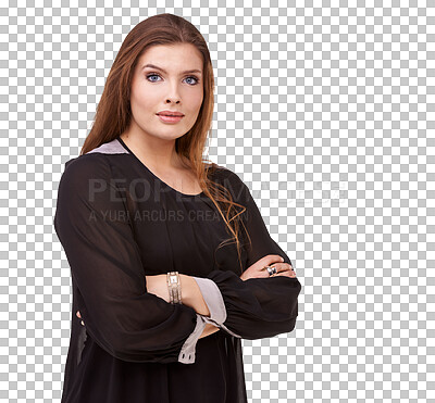 Buy stock photo Business woman, portrait and arms crossed for professional, confidence or career fashion isolated on transparent png background. Beautiful person or confident model from Europe in plus size clothes