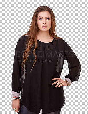 Buy stock photo Woman, confidence in portrait and fashion model with beauty isolated on transparent, png background. Edgy look, chic and hair with female person posing with attitude, trendy style and glamour