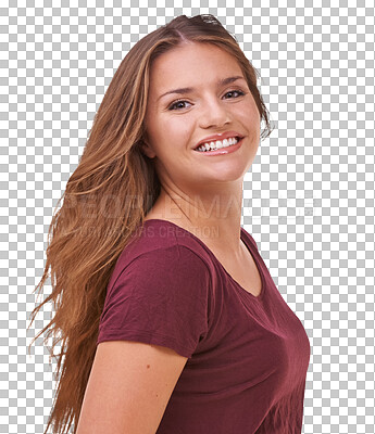 Buy stock photo Portrait, teenager and girl with natural beauty, confidence or makeup on face on isolated, transparent or PNG background. Relax, happy and woman with smile for fashion, style or casual weekend