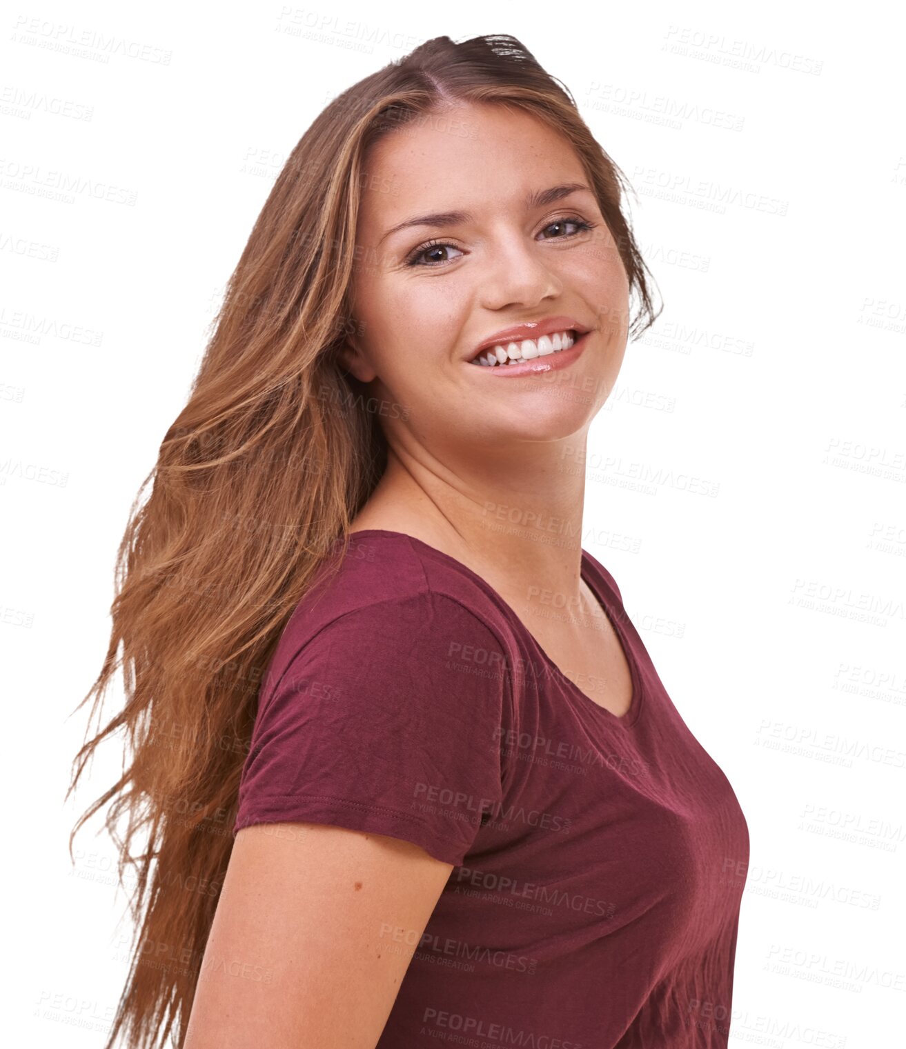 Buy stock photo Portrait, teenager and girl with natural beauty, confidence or makeup on face on isolated, transparent or PNG background. Relax, happy and woman with smile for fashion, style or casual weekend