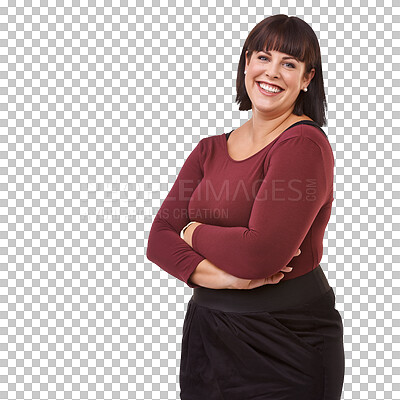 Buy stock photo Portrait, plus size and woman with arms crossed with happy, smile and confidence on isolated, transparent or PNG background. Girl, face and person with natural beauty, casual fashion to relax 