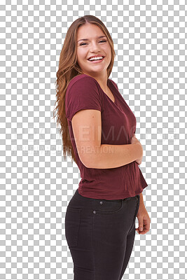 Buy stock photo Teenager, portrait and girl with diet and nutrition in png or isolated or transparent background. Healthy living, satisfied and student, feeling stomach for pleased or weight loss for motivation.