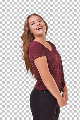 Buy stock photo Teenager laughing, portrait and girl with natural beauty, confidence or makeup on isolated, transparent or PNG background. Relax, happy and woman with smile on face for fashion, style or weekend